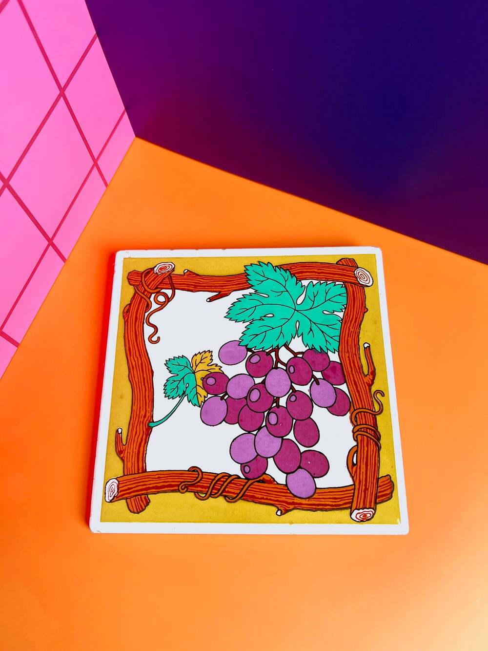 Vintage 1970s Orient Grape Tile Trivet 6x6 Ceramic Wine Rustic Home Decor
